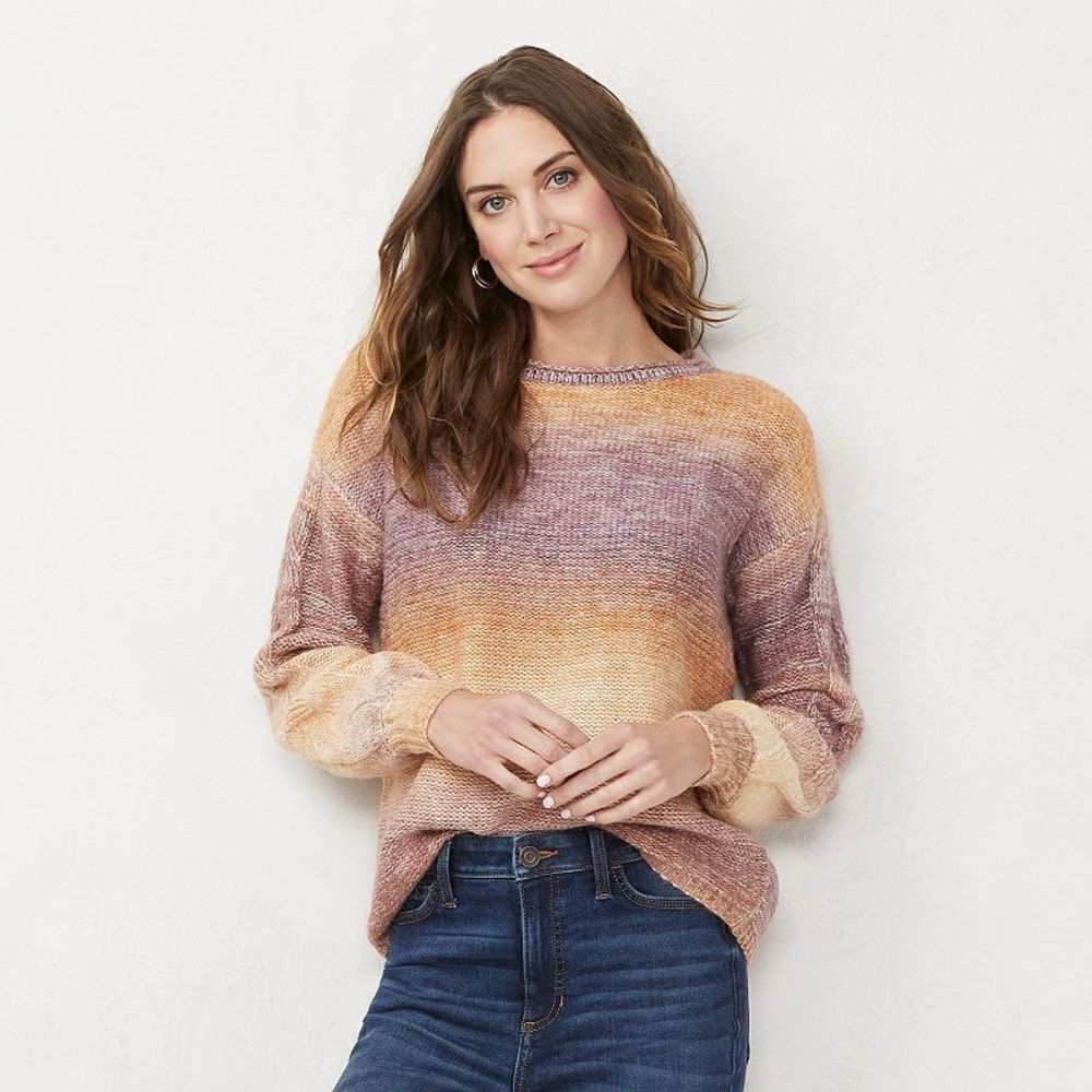 LC Lauren Conrad Braided Cable Sleeve Detail Knit Sweater Ombré Cozy Oversized